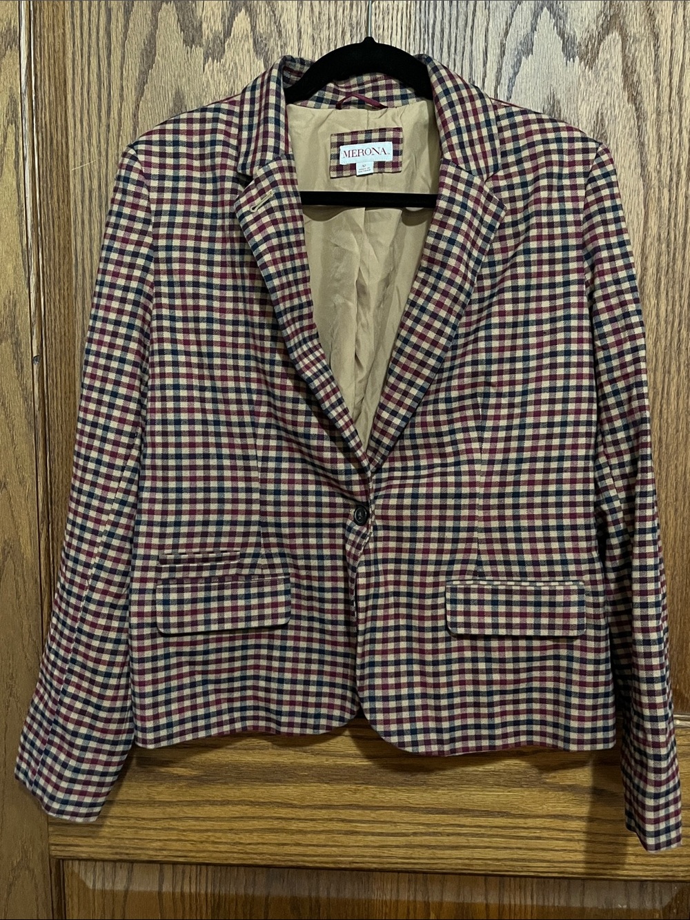 Merona Burgundy Navy and Tan brown Plaid Blazer